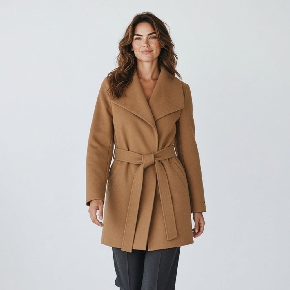 Tahari Wrap Coat Belted Shawl Collar Womens Large Tan Water Resistant NWT